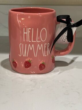 Rae Dunn light red Ceramic Mug - HELLO SUMMER- with 3D Strawberry 🍓 border